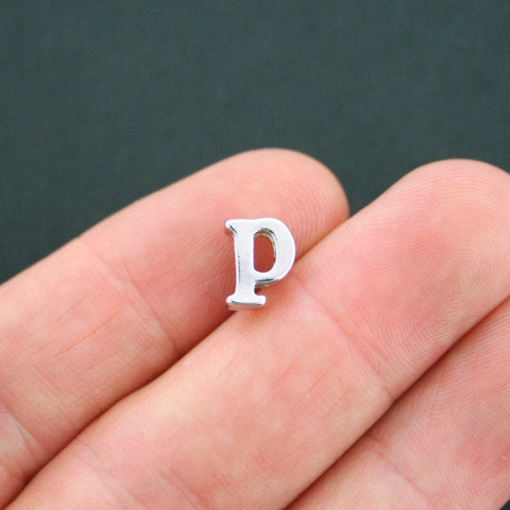 SALE Letter P Spacer Beads 9mm x 4mm - Silver Tone - 4 Beads - SC5169