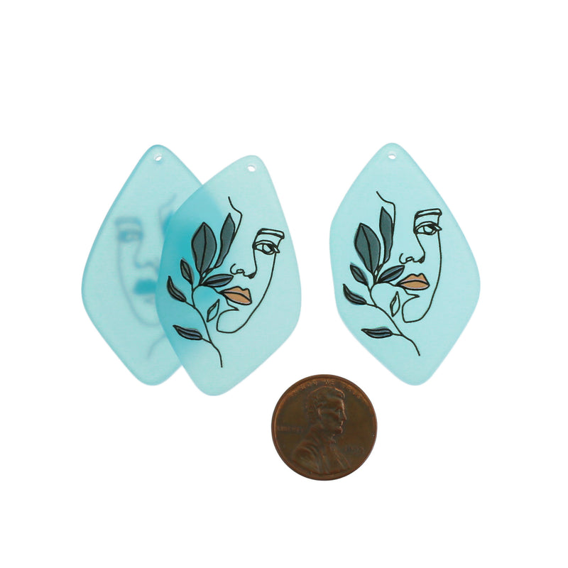 2 Blue Floral Artistic Profile Resin Charms - K091