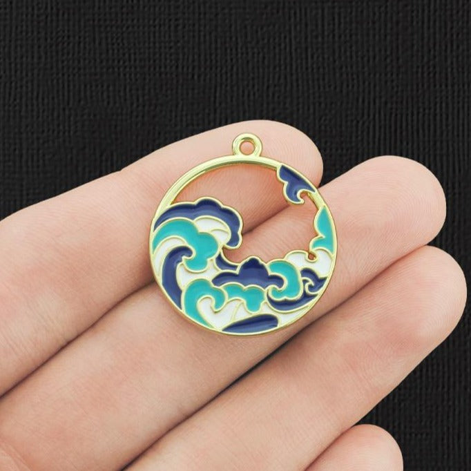 2 Blue Ocean Wave Gold Tone Enamel Charms - E768