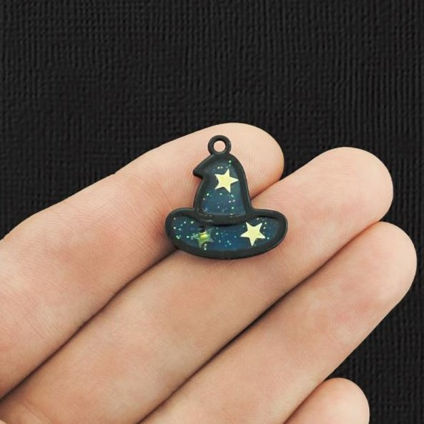 4 Blue Witch Hat Black Enamel Charms - E1138