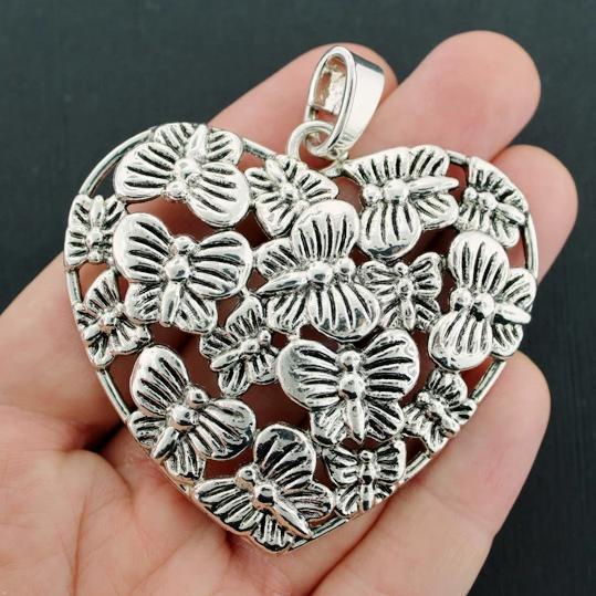 Butterfly Heart Antique Silver Tone Charm - SC3381