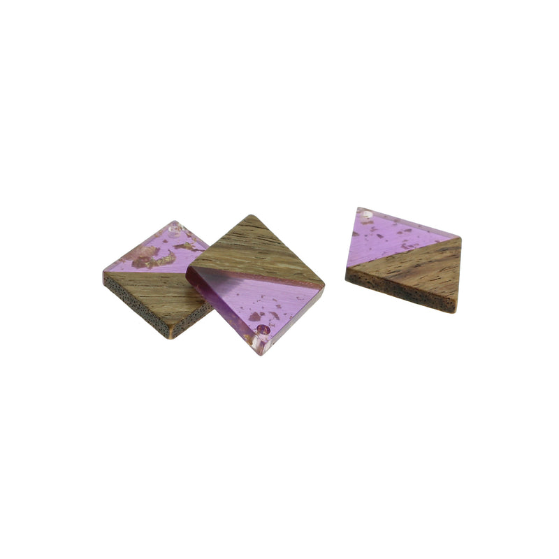 2 Rhombus Natural Wood and Purple and Gold Resin Charms 34mm - WP218