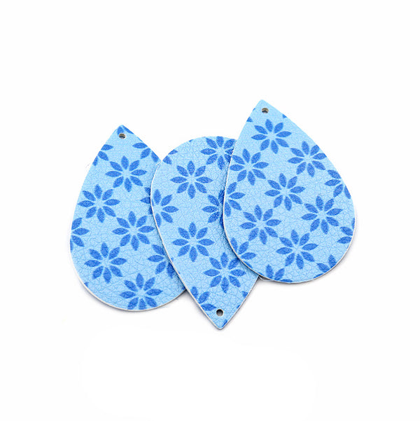 VENTE Pendentifs en forme de larme en similicuir - Floral bleu - 4 pièces - LP055