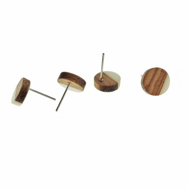 Wood Stainless Steel Earrings - White Resin Round Studs - 10mm - 2 Pieces 1 Pair - ER781