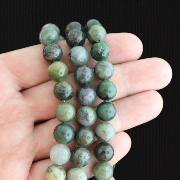 Perles de jade africaines naturelles rondes 10 mm - Vert mer foncé - 1 brin 37 perles - BD1625
