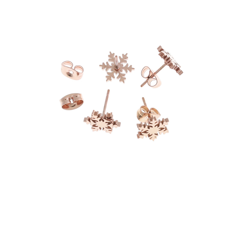 Rose Gold Stainless Steel Earrings - Snowflake Studs - 10mm - 2 Pieces 1 Pair - ER409