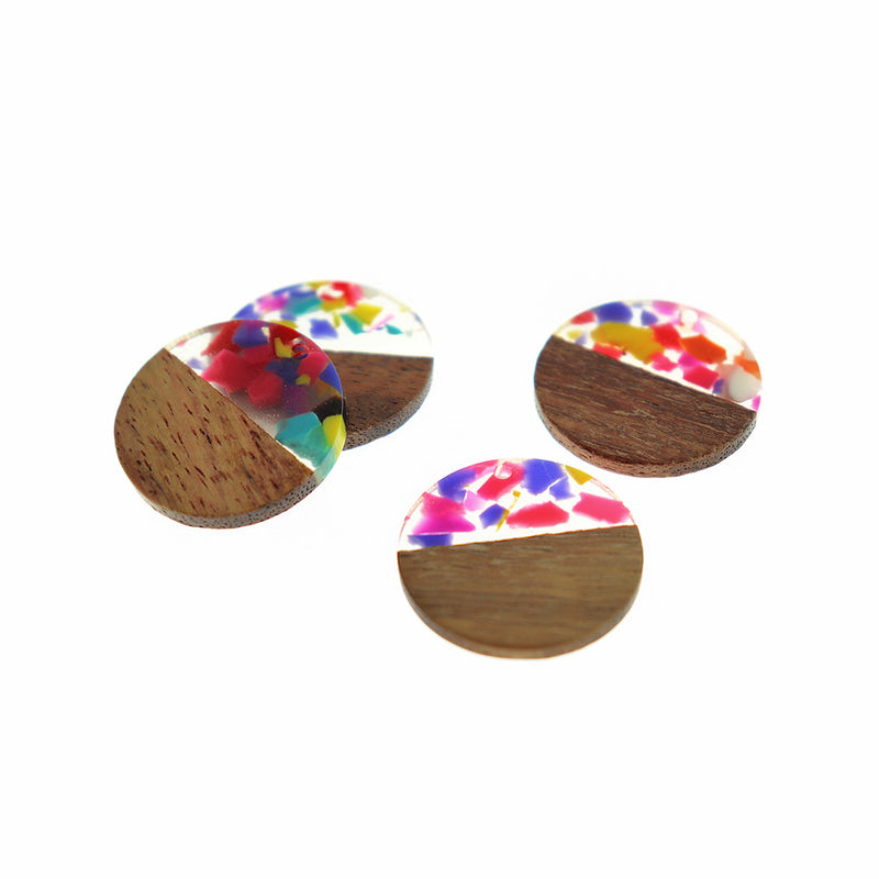 2 Round Natural Wood and Rainbow Resin Charms 28mm - WP558