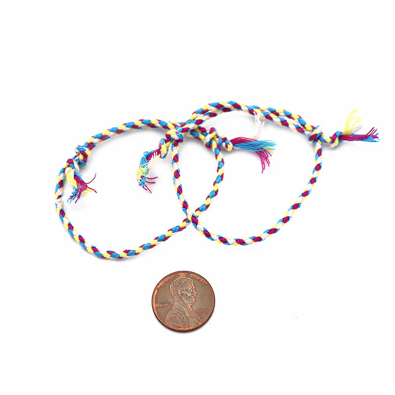 Braided Cotton Bracelets 9" - 1.2mm - Pink Yellow Blue - 2 Bracelets - N719