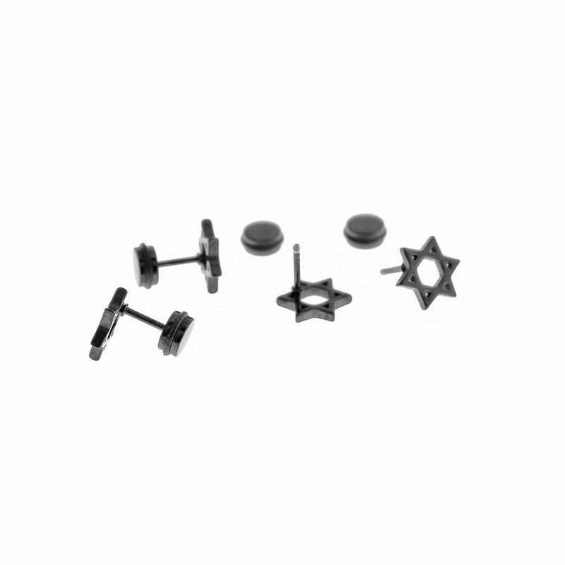Gunmetal Black Stainless Steel Earrings - Star of David Studs - 10mm x 2mm - 2 Pieces 1 Pair - ER282