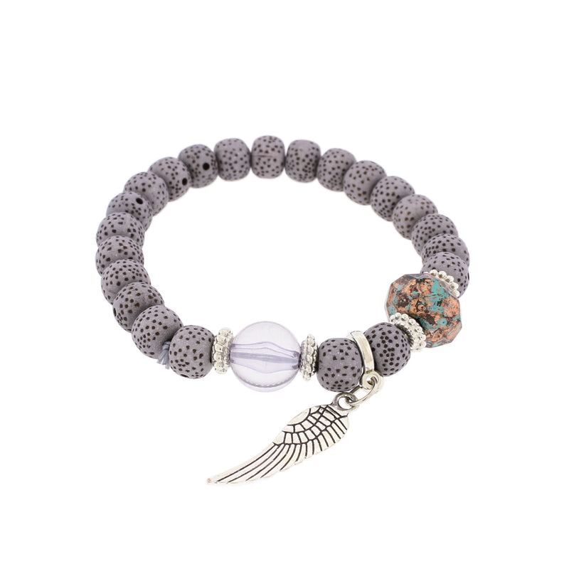 Bracelet Perles Acryliques - 53mm - Gris Moucheté avec Charme - 1 Bracelet - BB050