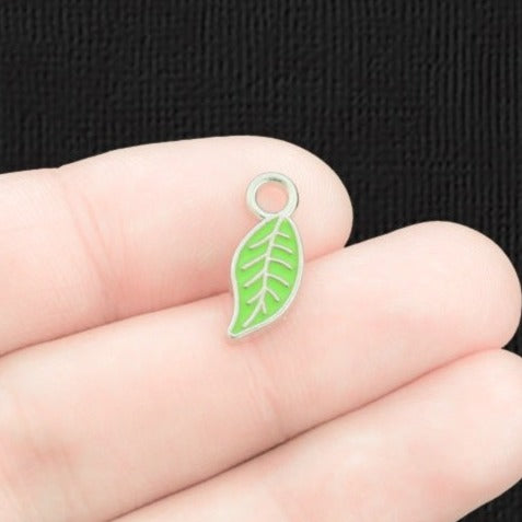 4 Green Leaf Silver Tone Enamel Charms - E1484