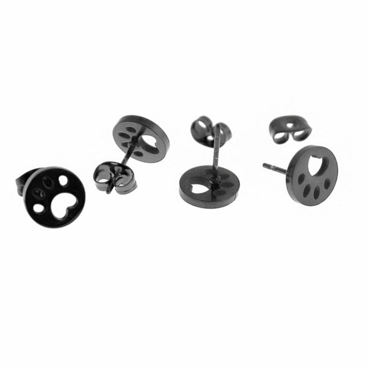 Gunmetal Black Stainless Steel Earrings - Paw Print Studs - 9mm - 2 Pieces 1 Pair - ER584