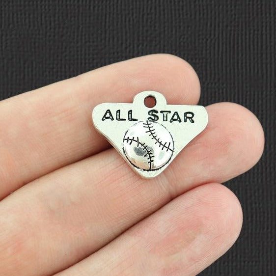 6 All Star Baseball Antique Silver Tone Charms - SC3937