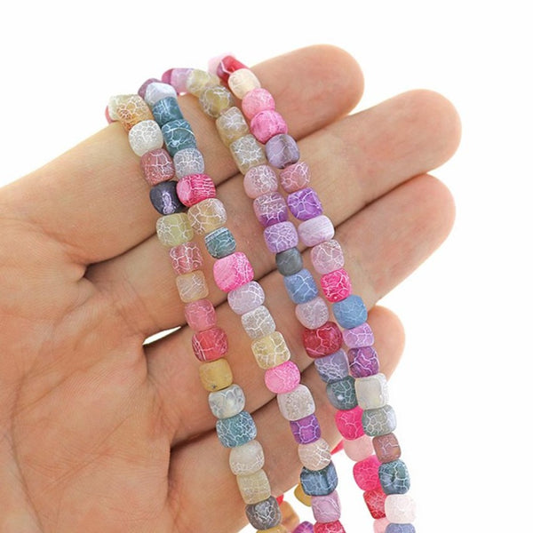 Cube Natural Agate Beads 6mm - Assorted Rainbow Weathered Crackle - 1 Strand 72 Beads - BD2567