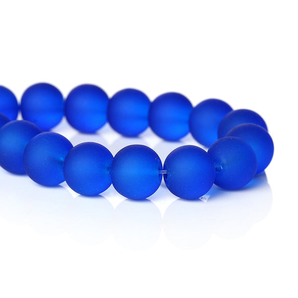 Round Glass Beads 11mm - Frosted Royal Blue - 1 Strand 86 Beads - BD671