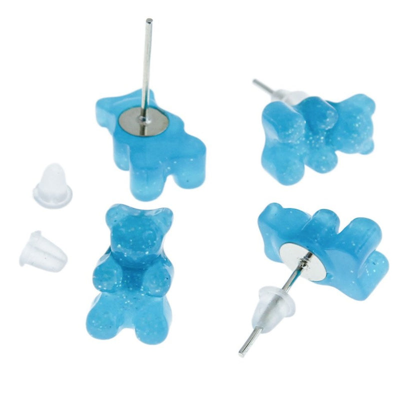 Resin Earrings - Blue Candy Bear Studs - 12mm x 8mm - 2 Pieces 1 Pair - ER385