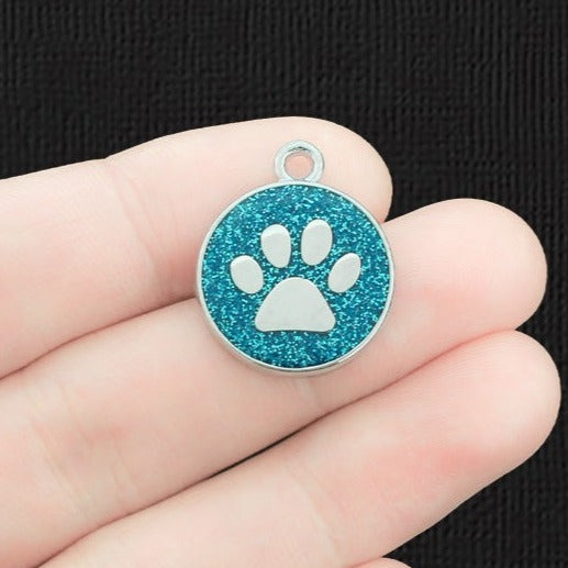 2 Blue Paw Print Silver Tone Enamel Charms - E1403