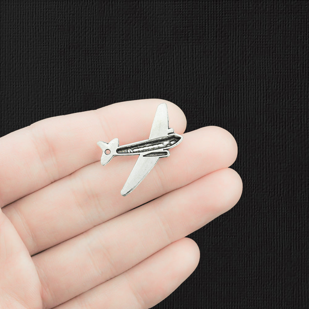 5 Airplane Antique Silver Tone Charms 2 Sided - SC647