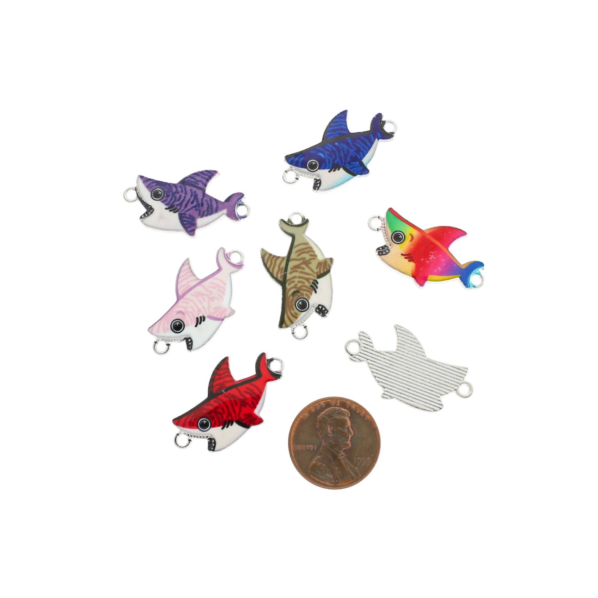 5 Assorted Shark Silver Tone Enamel Charms - E1158