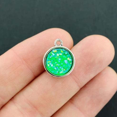 5 Druzy Antique Silver Tone and Resin Cabochon Charms - Z593