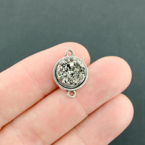 5 Druzy Connector Antique Silver Tone and Resin Cabochon Charms - Z581