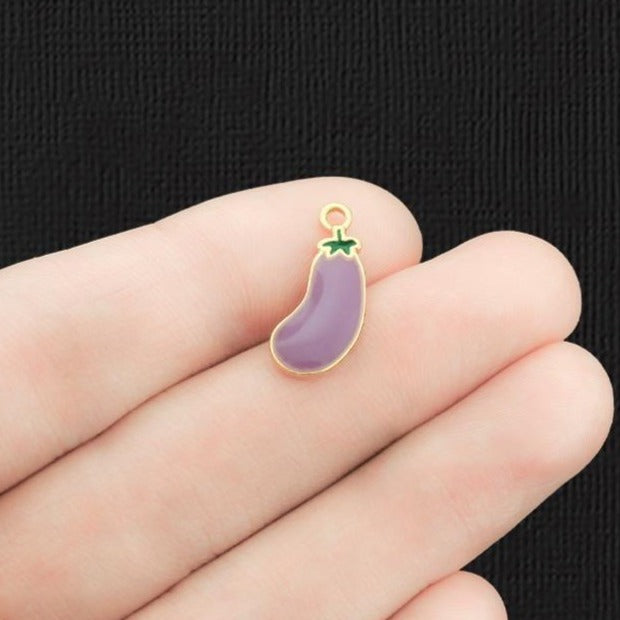 5 Eggplant Gold Tone Enamel Charms - E1240
