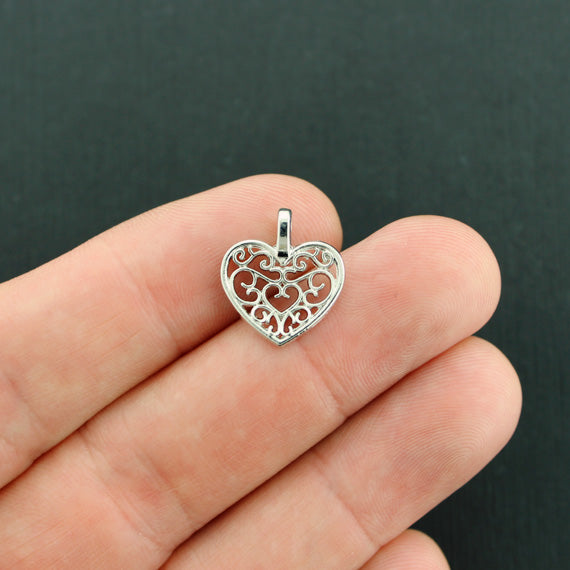 5 Filigree Heart Silver Tone Charms - SC7856