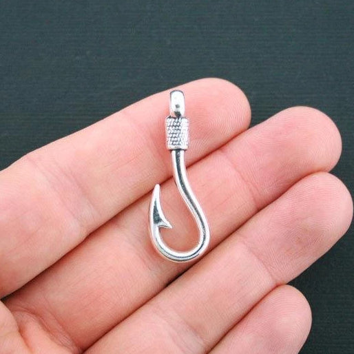5 hameçons de pêche antique ton argent breloques 2 faces - SC1008