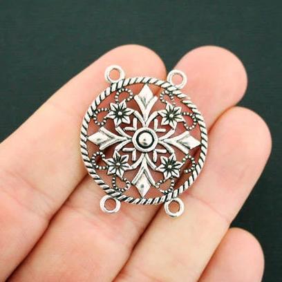 5 Flower Connector Antique Silver Tone Charms - SC6792