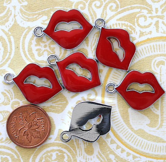 5 Lips Silver Tone Enamel Charms - E028