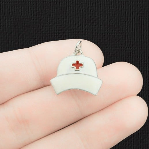 5 Nurse Cap Silver Tone Enamel Charms - E178