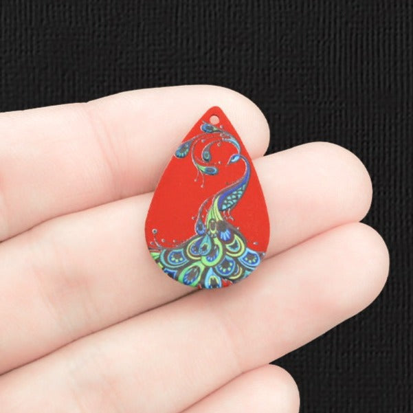 5 Peacock Teardrop Red Enamel Charms - E1397