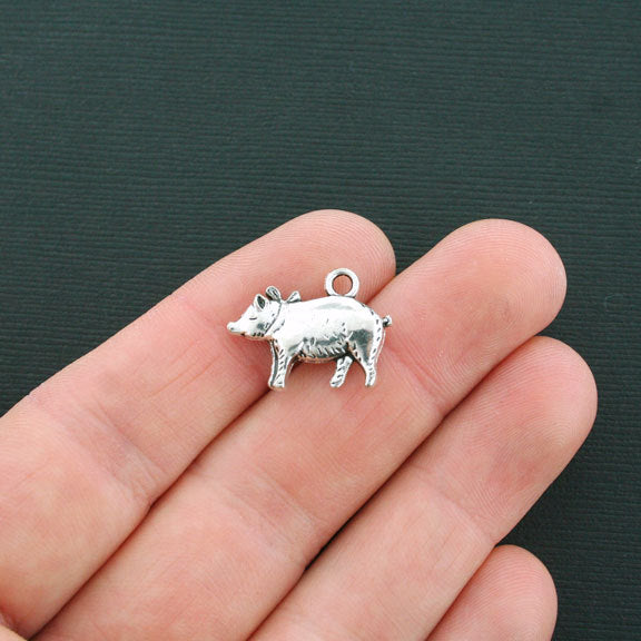 5 Pig Antique Silver Tone Charms 2 Sided - SC4494