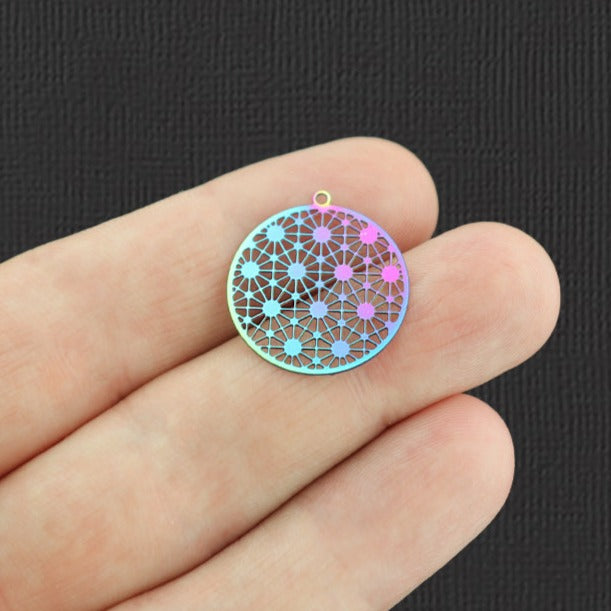5 breloques rondes en acier inoxydable plaqué arc-en-ciel en dentelle 2 faces - SSP244