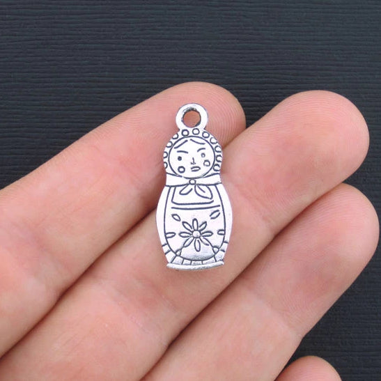 5 Russian Doll Antique Silver Tone Charms 2 Sided - SC415