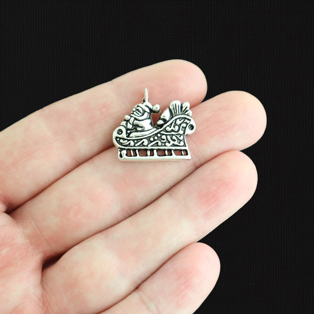 5 Santa Sleigh Antique Silver Tone Charms - XC022