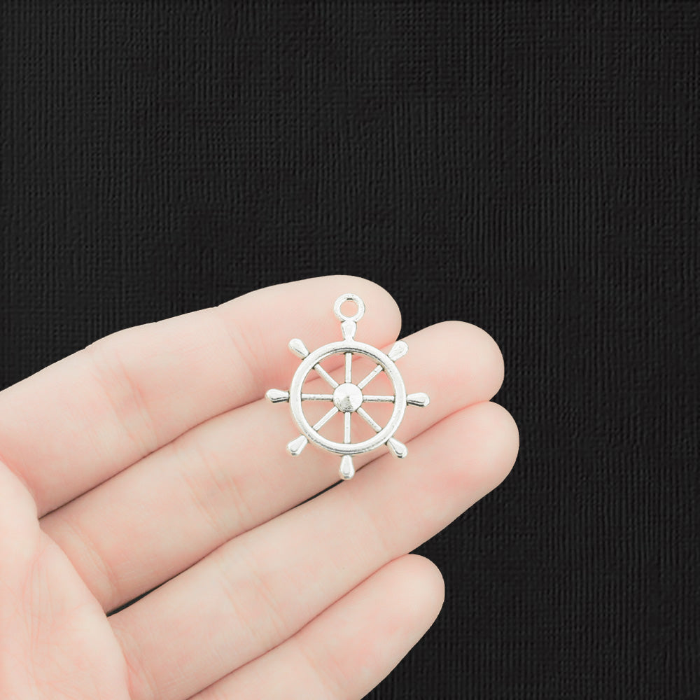 5 Ship Wheel Antique Silver Tone Charms 2 Sided - SC458