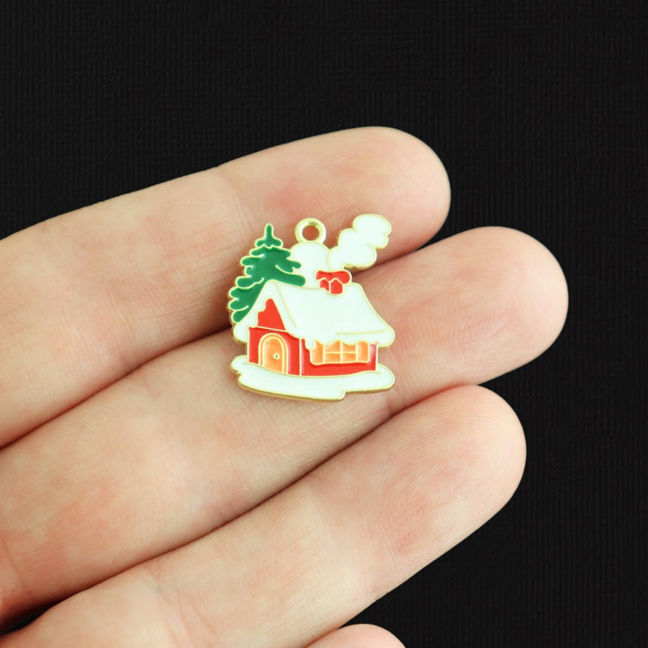 5 Snowy House Gold Tone Enamel Charms - E802