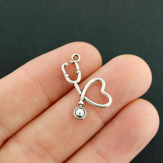 5 Stethoscope Antique Silver Tone Charms 2 Sided - SC1215
