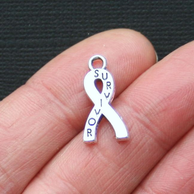 5 Survivor Awareness Ribbon Antique Silver Tone Charms - SC2936
