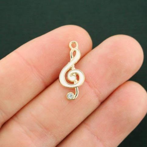 5 Treble Clef Gold Tone Enamel Charms with Inset Rhinestone - E517