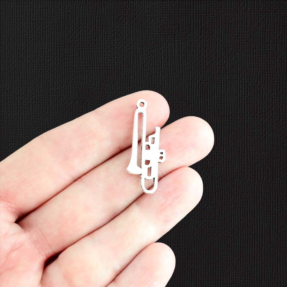 5 Trombone Antique Silver Tone Charms 2 Sided - SC523