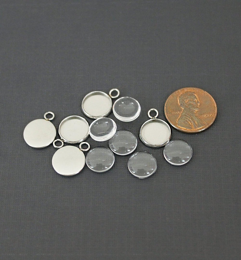 Stainless Steel Cabochon Settings - 10mm Tray - with Glass Dome Seals - 5 Sets 10 Pieces - Z346