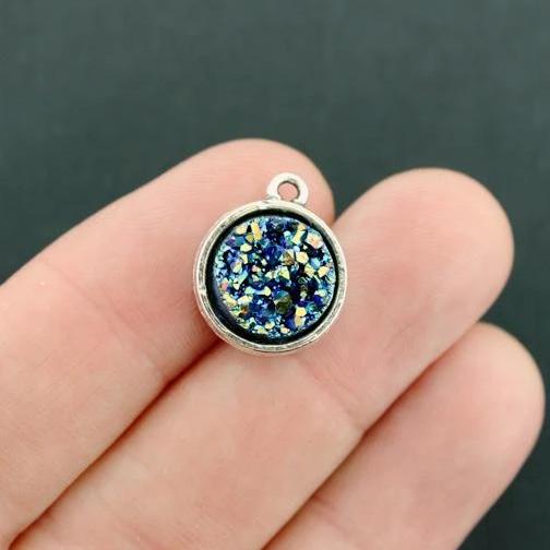 5 Druzy Antique Silver Tone and Resin Cabochon Charms - Z580