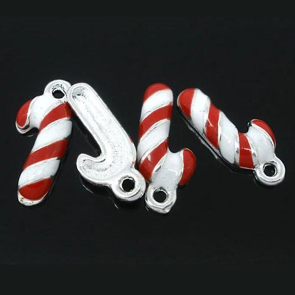 5 Candy Cane Silver Tone Enamel Charms - E100