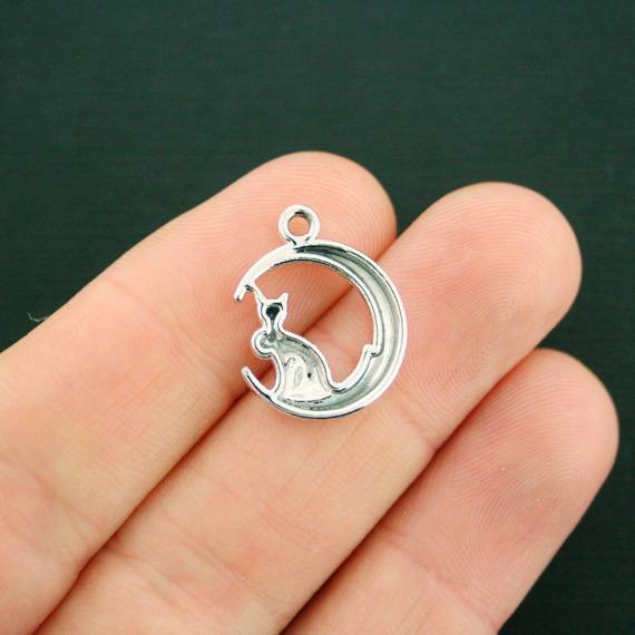 5 Cat Moon Antique Silver Tone Charms - SC7450