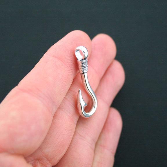 5 Fishing Hook Antique Silver Tone Charms 2 Sided - SC1008