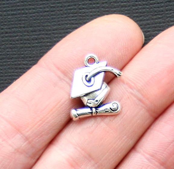 5 Graduation Cap Antique Silver Tone Charms - SC3093