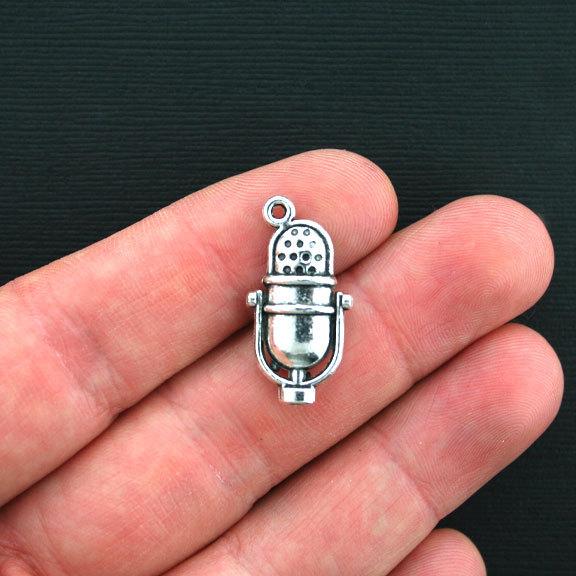 5 Microphone Antique Silver Tone Charms 2 Sided - SC3430