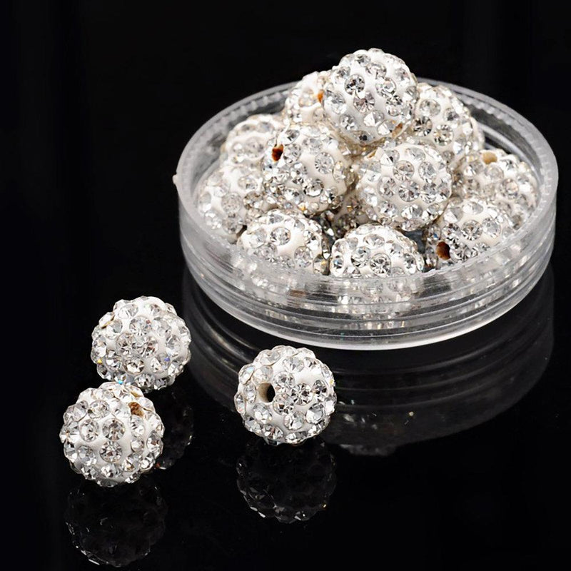 Round Polymer Clay Rhinestone Beads 10mm - Sparkle White - 5 Beads - BD019